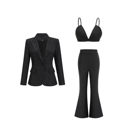 Women's Chic Evening Wear 3-Piece Set - Elegant Top, Pants, Top & Jacket, Black