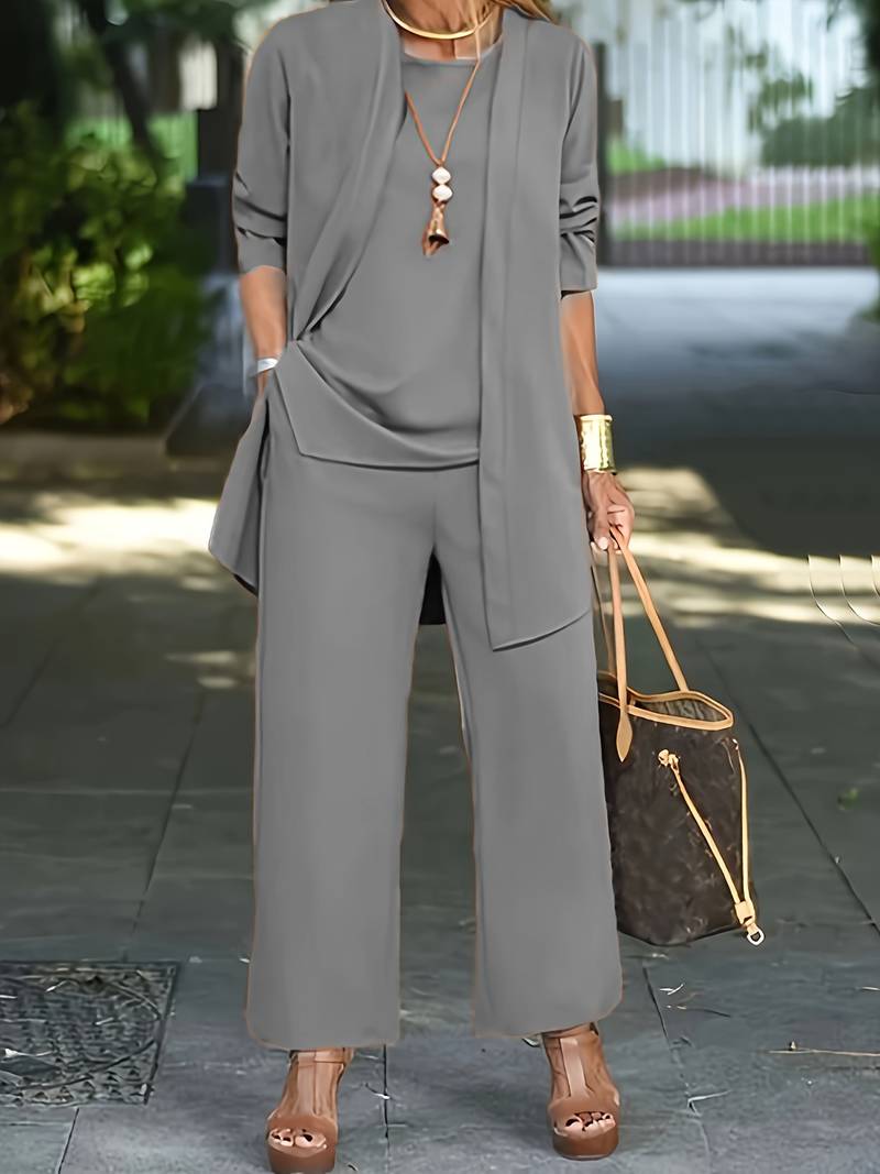 Women's Modern Luxe Three-Piece Set | Relaxed Fit | Cardigan, Top & Pants | Versatile Casual Wear |