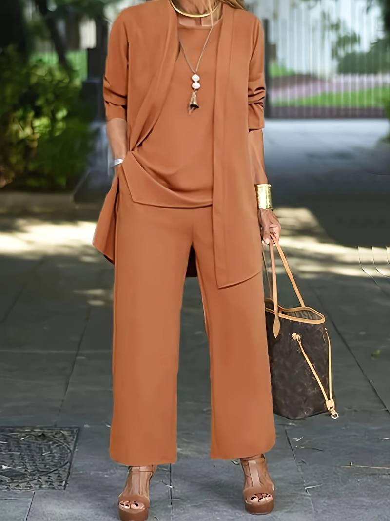 Women's Modern Luxe Three-Piece Set | Relaxed Fit | Cardigan, Top & Pants | Versatile Casual Wear |