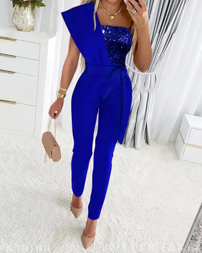 Women's Elegant Evening Jumpsuit | One-Shoulder Design | Sparkling Sequin | Perfect for Holidays and Special Events | For Women