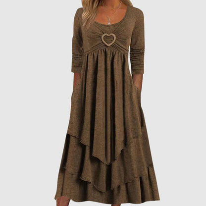 Women's Heart-Buckle Casual Long Dress | A-Line | Elegant O-Neck | Long Sleeves | Comfortable & Versatile | Relaxed fit