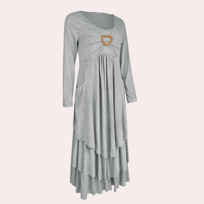 Women's Heart-Buckle Casual Long Dress | A-Line | Elegant O-Neck | Long Sleeves | Comfortable & Versatile | Relaxed fit