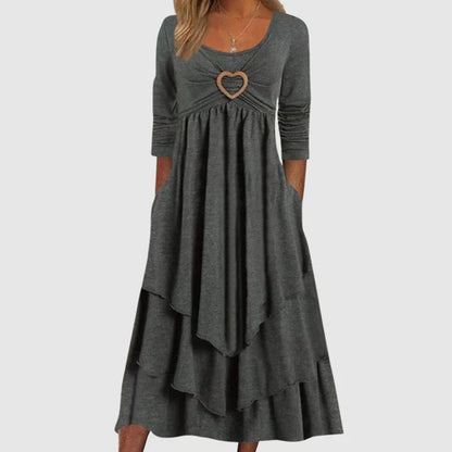 Women's Heart-Buckle Casual Long Dress | A-Line | Elegant O-Neck | Long Sleeves | Comfortable & Versatile | Relaxed fit