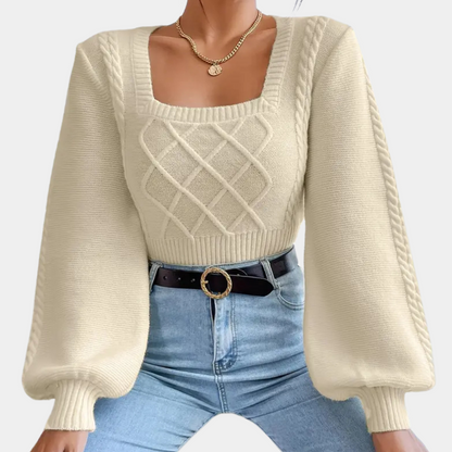 Women's Crisscross Design Casual Sweater | Square Neckline | Soft Knit | Versatile Top | Beige | Ideal for All Ages