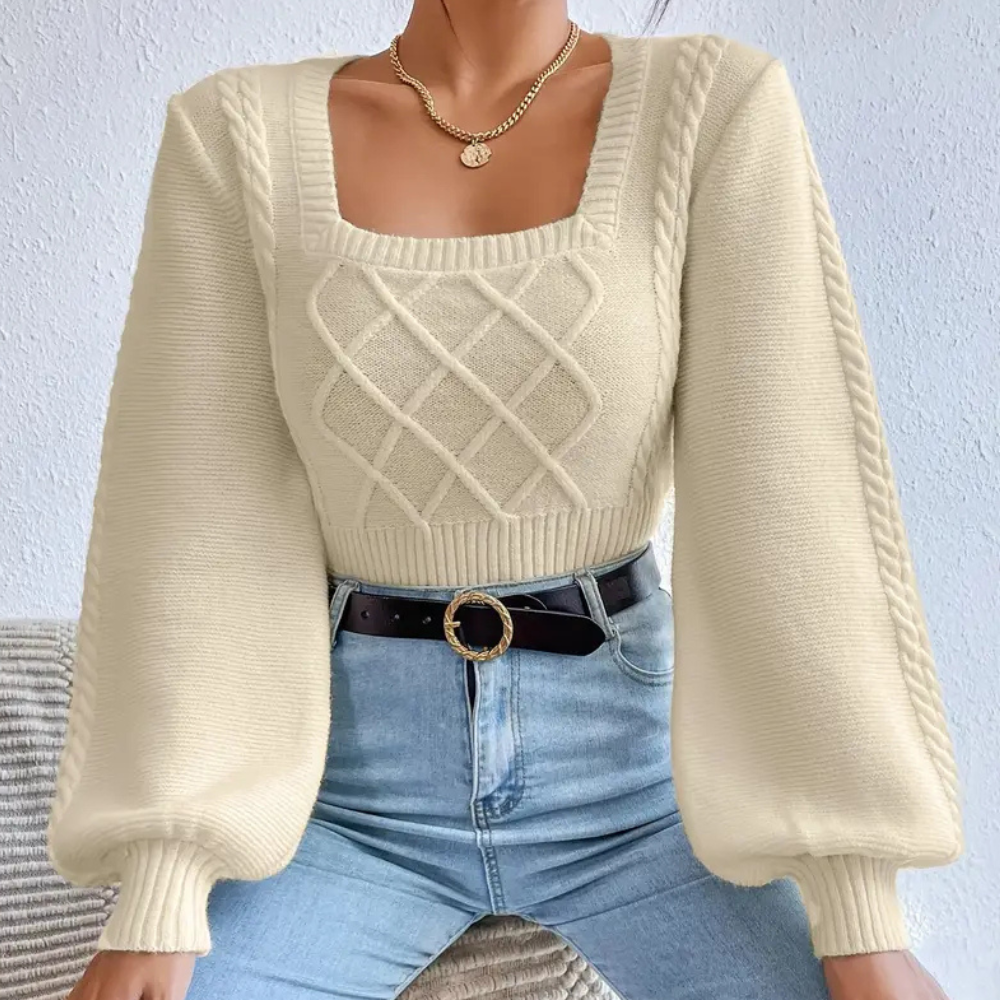 Women's Crisscross Design Casual Sweater | Square Neckline | Soft Knit | Versatile Top | Beige | Ideal for All Ages