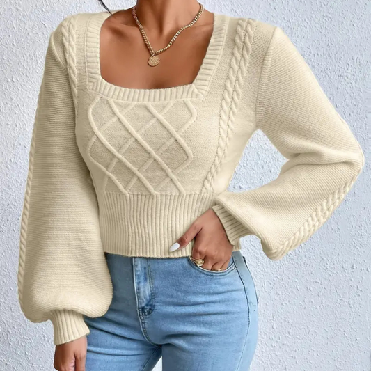 Women's Crisscross Design Casual Sweater | Square Neckline | Soft Knit | Versatile Top | Beige | Ideal for All Ages