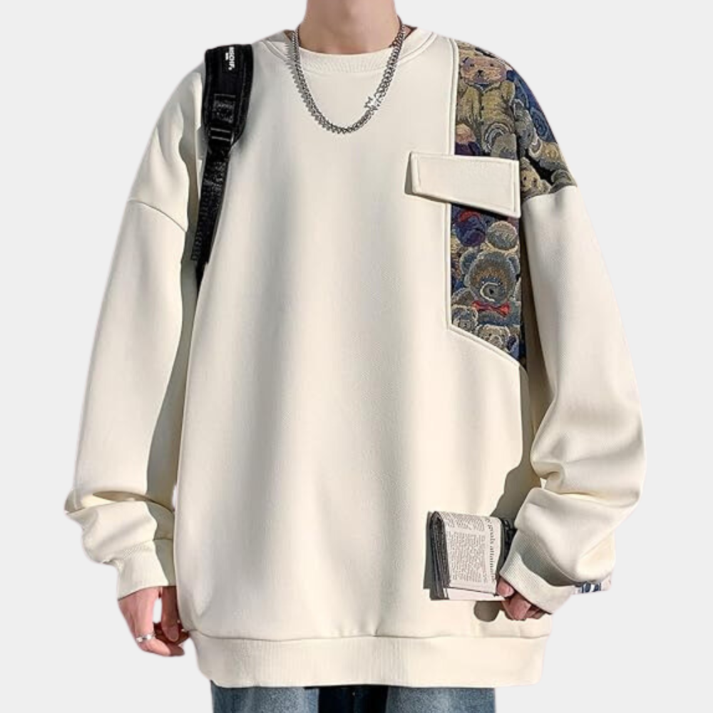 Men's Bear-Printed Sweatshirt | Relaxed Fit | Cozy Casual Pullover | Trendy Graphic Sweatshirt | White