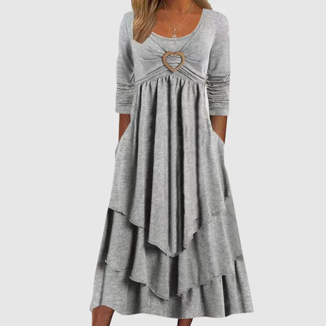 Women's Heart-Buckle Casual Long Dress | A-Line | Elegant O-Neck | Long Sleeves | Comfortable & Versatile | Relaxed fit