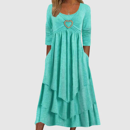 Women's Heart-Buckle Casual Long Dress | A-Line | Elegant O-Neck | Long Sleeves | Comfortable & Versatile | Relaxed fit