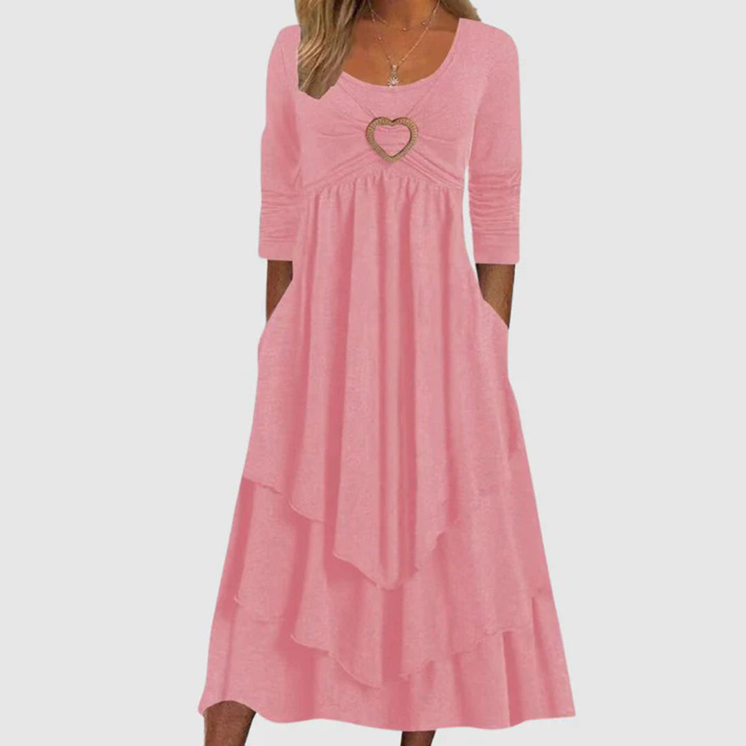 Women's Heart-Buckle Casual Long Dress | A-Line | Elegant O-Neck | Long Sleeves | Comfortable & Versatile | Relaxed fit