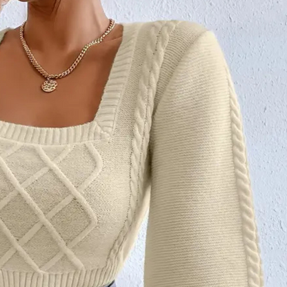 Women's Crisscross Design Casual Sweater | Square Neckline | Soft Knit | Versatile Top | Beige | Ideal for All Ages