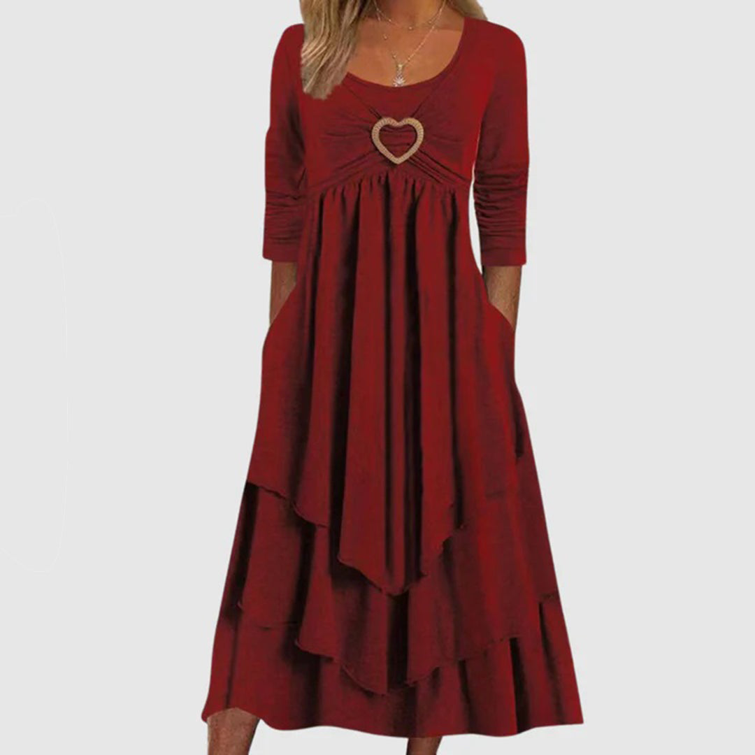 Women's Heart-Buckle Casual Long Dress | A-Line | Elegant O-Neck | Long Sleeves | Comfortable & Versatile | Relaxed fit