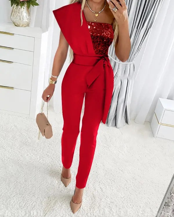 Women's Elegant Evening Jumpsuit | One-Shoulder Design | Sparkling Sequin | Perfect for Holidays and Special Events | For Women