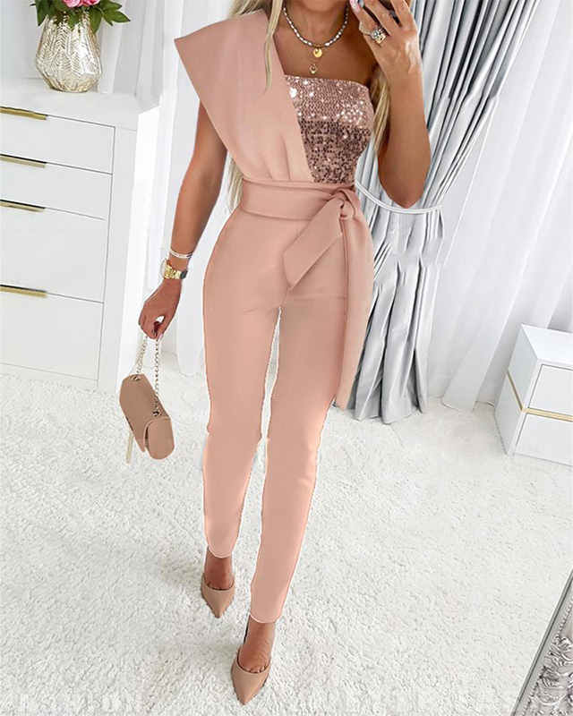 Women's Elegant Evening Jumpsuit | One-Shoulder Design | Sparkling Sequin | Perfect for Holidays and Special Events | For Women