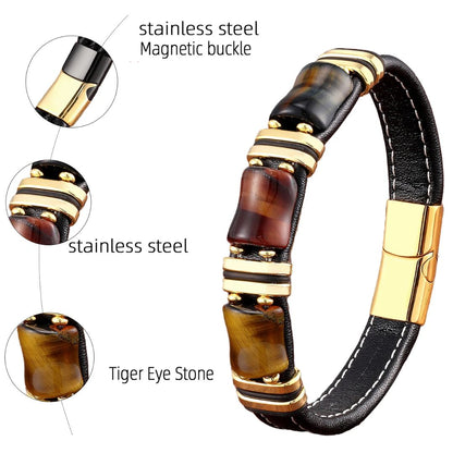 Men's Tiger's Eye Natural Stone Bracelet | Black Leather Rope | Stainless Steel Accents | Unique Earthy Design | Stylish Accessory