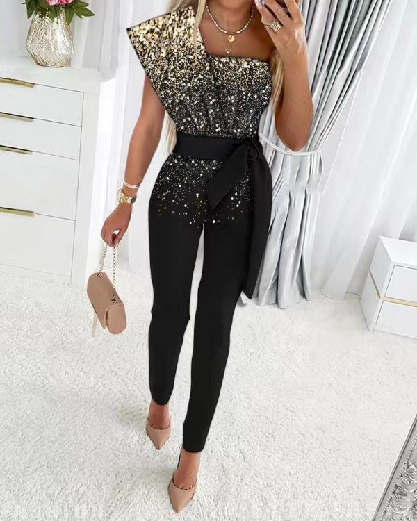 Women's Elegant Evening Jumpsuit | One-Shoulder Design | Sparkling Sequin | Perfect for Holidays and Special Events | For Women