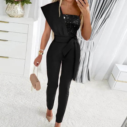 Women's Elegant Evening Jumpsuit | One-Shoulder Design | Sparkling Sequin | Perfect for Holidays and Special Events | For Women