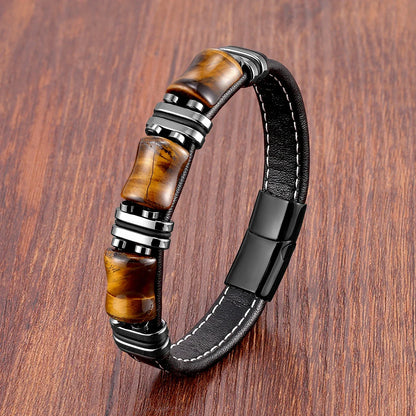 Men's Tiger's Eye Natural Stone Bracelet | Black Leather Rope | Stainless Steel Accents | Unique Earthy Design | Stylish Accessory