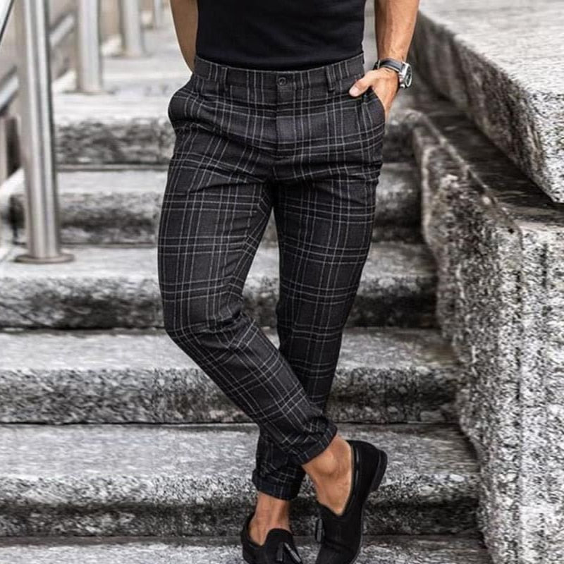 Men's Plaid Mid-Waist Button Trouser | Slim Fit | Classic Design | Versatile for Work & Casual Wear