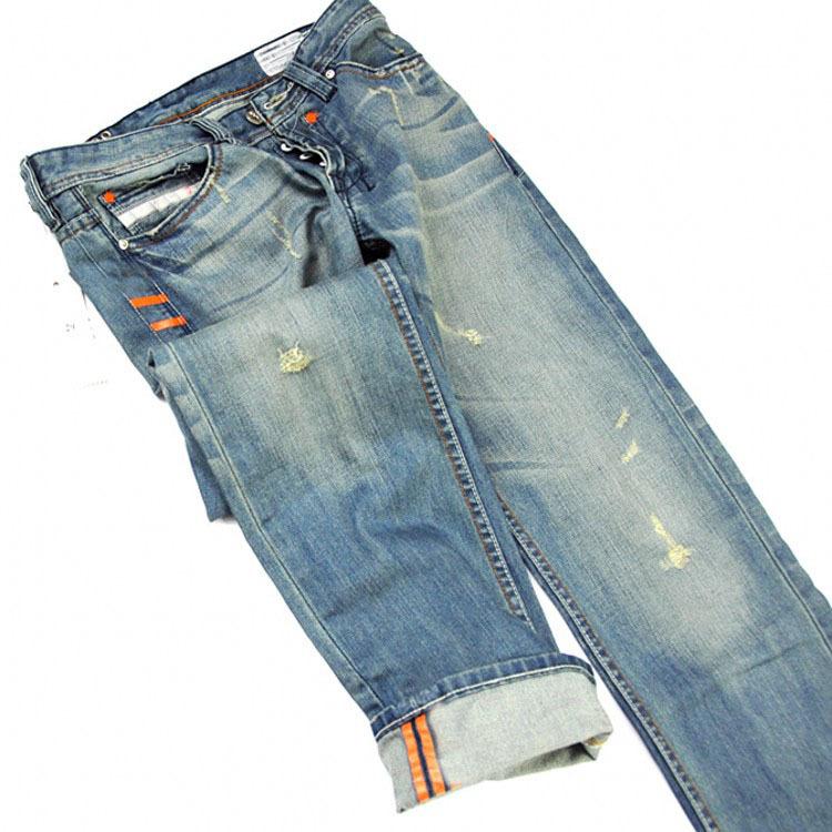 Men's Classic Acid-Washed Jeans | Straight Leg | Vintage Blue with Orange Stripes | Casual & Versatile | Durable Everyday Wear